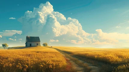 Tuinposter A peaceful countryside scene, where golden fields stretch to meet the endless expanse of the sky, a scene of timeless beauty. © sania