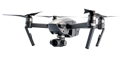 A flying drone isolated on transparent or white background.

