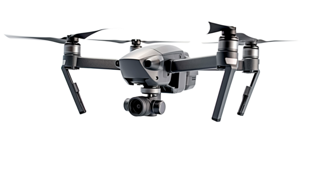 A flying drone isolated on transparent or white background.
