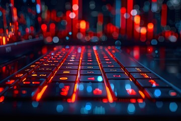 Close up of notebook keyboard with creative glowing forex chart on blurry background