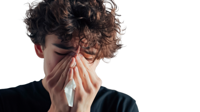 Unhealthy flu-sick young man sneezing loudly in tissue, feeling unwell with runny nose isolated on transparent png background.

