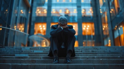 Despondent businessman seated on steps at night.