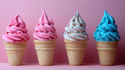 Top view horizontal banner set of four pink and blue ice cream in waffle cone isolated on pink background. - Powered by Adobe