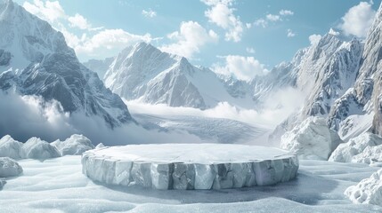 empty white stone podium on snow floor with ice mountain background for product presentation