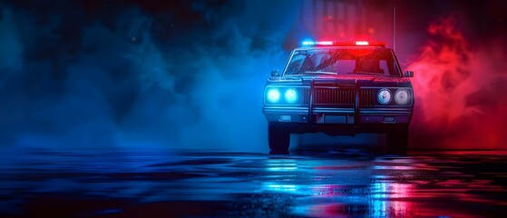 Retro-style vintage police car siren in blue and red colors rotating against a dark background. Concept Vintage Cars, Retro Aesthetics, Police Vehicles, Emergency Lights - obrazy, fototapety, plakaty