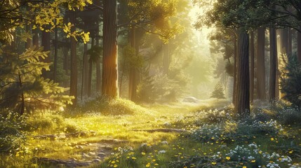 A peaceful forest clearing bathed in the soft light of dawn, where the air is filled with the sweet...