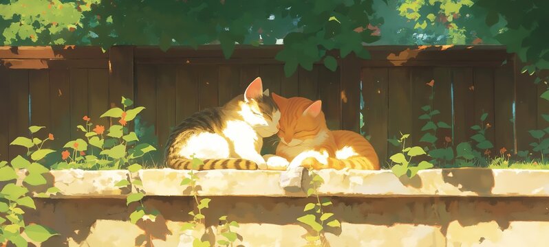cartoon illustration of two cat cuddle in spring blossom flower garden,  adorable pet scene, Ai Generated