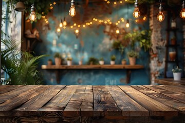 Empty wood table and blurturquoise cafe light background. product display template.