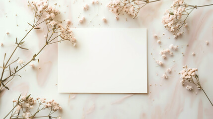 Top View Pastel Floral Invitation Mock-up. Top view of a blank canvas surrounded by pink flowers.