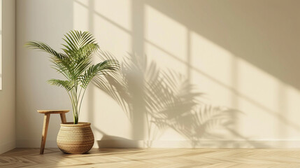 Fototapeta na wymiar A serene bedroom scene with a wooden floor, featuring an elegant Areca palm in a rattan pot against a softly illuminated wall mockup. A minimalist wooden table enhances the tranquil atmosphere. 8K