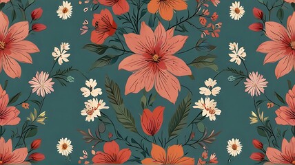 Seamless Pattern with Red Flowers and Green Leaves on White Background