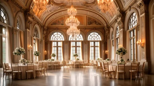 A large ballroom with chandeliers and tables, perfect for hosting grand events and functions, A grand ballroom with golden chandeliers and large arched windows, AI Generated
