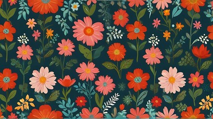 Seamless Pattern with Red Flowers and Green Leaves on White Background