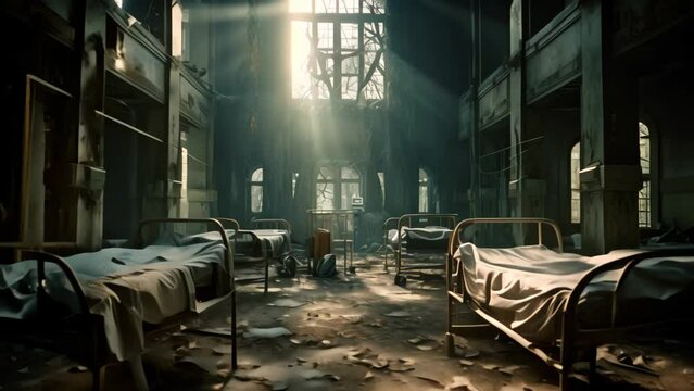 A chilling image of a dimly lit hospital room featuring three unoccupied beds, A haunting image of an abandoned asylum, AI Generated
