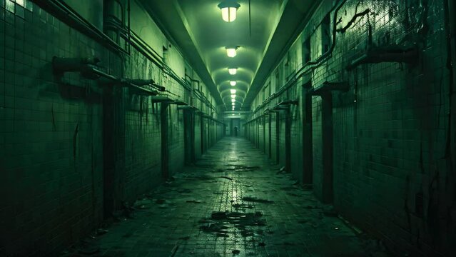 A dimly lit corridor stretches ahead, revealing a glimmering light beckoning from the distant exit, A haunting image of an abandoned asylum, AI Generated