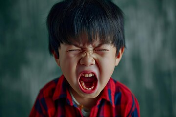 Portrait of Asian angry, sad and cry little boy on dirty grey color background, The emotion of a child when tantrum and mad, expression grumpy emotion, yelling, shouting. Kid emotional control concept