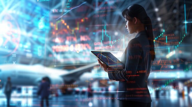 A professional businesswoman analyzing dynamic financial growth charts and forex trading graphs on her digital tablet, standing in a bustling airport terminal.