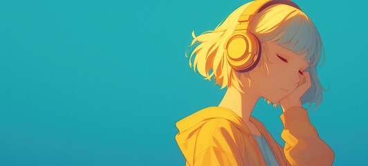 cartoon illustration portrait happy pretty girl smiling listening music from headphone with copy space, Ai Generated