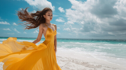 Linda mulher vestindo um vestido amarelo na praia - obrazy, fototapety, plakaty