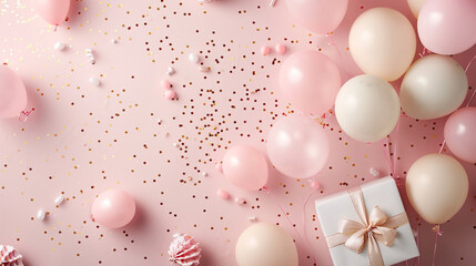 A stunning flat lay arrangement showcasing balloons, a radiant gift box, and shimmering confetti on a soft pink background, radiating joy and celebration. Ample space for text. 32K.