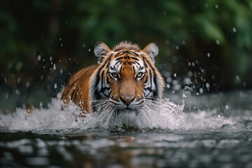 Tiger rushes through the water, its fur glistening, eyes focused, ripples marking its path - obrazy, fototapety, plakaty