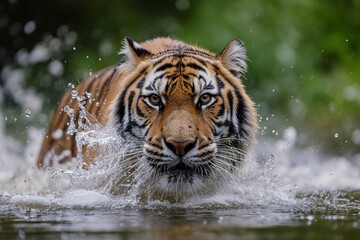 Fototapeta na wymiar Tiger rushes through the water, its fur glistening, eyes focused, ripples marking its path