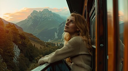 Obraz premium A woman leaning out of an old train window, mountains in the background, at golden hour. A woman looks at the camera, with blonde hair, a beige sweater and black jeans.