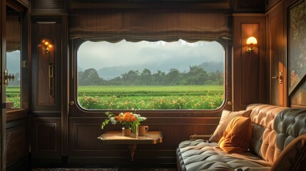 Cozy carriage interior with a large window. Warm brown-orange colors with a sofa in the foreground and flowers on the table. Rustic wood paneling and small sconce lighting. - obrazy, fototapety, plakaty
