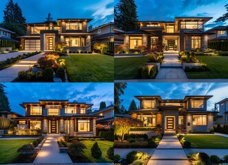 A photo of a modern home exterior at night, with beautiful architecture and a large front yard containing a walkway and landscaping - obrazy, fototapety, plakaty