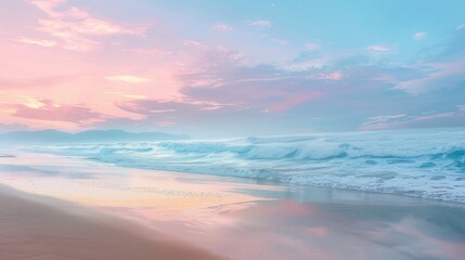 A secluded beach at dawn, where the sky is painted in soft pastel hues, and the gentle waves lap against the shore, creating a tranquil scene. - obrazy, fototapety, plakaty