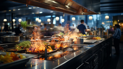 Process of cooking on the big steel kitchen of a restaurant. Concept of food industry. People in the uniform in process of cooking