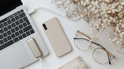 There is a phone with a charging cable on the table, next to it there is also a laptop and a small beige sandstone power supply, square in shape, in a minimalist style.