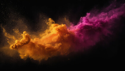 A vibrant burst of colorful powder spreads out on a dark black background, creating a striking contrast. The powder appears to be floating and dispersing in different directions