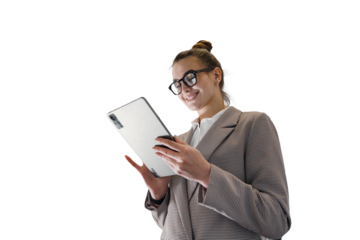 The financier is a specialist woman using a tablet computer. The secretary is an office employee. Isolated background.