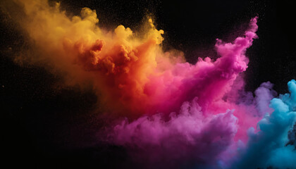 A group of colored smoke is seen flying through the air, creating a vibrant and dynamic display of colors against the sky. The smoke appears to be moving upwards.