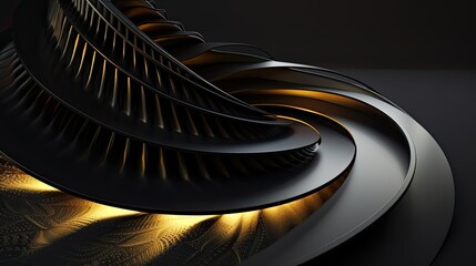 Black background with golden light and geometric shapes in modern design style. A staircase carved...