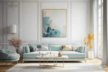 White modern living room with pale green sofa