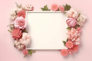 Flowers composition. Frame made of flowers on pink background
