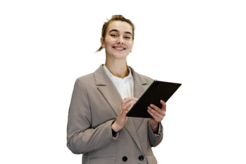 The female manager uses a tablet computer. The secretary is an office employee. Isolated background.