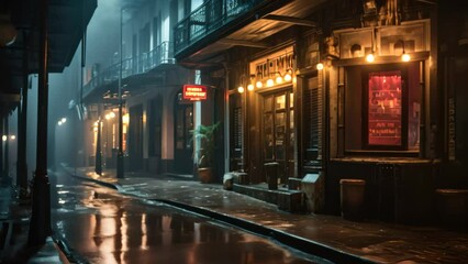 A busy city street at night is transformed by the rain, as the wet pavement reflects the glowing lights and creates a captivating urban scene, A moody jazz club in New Orleans, AI Generated