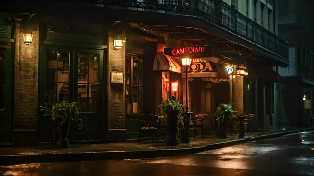 An atmospheric image capturing the lively energy of a city at night during a rainfall, featuring a restaurant aglow with enchanting lights, A moody jazz club in New Orleans, AI Generated