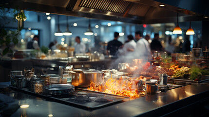 Process of cooking on the big steel kitchen of a restaurant. Concept of food industry. People in...