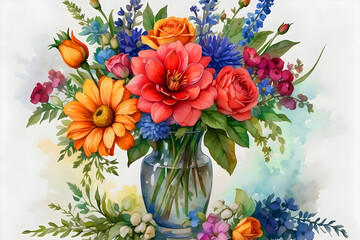 A vibrant watercolor painting of a still-life bouquet of flowers.