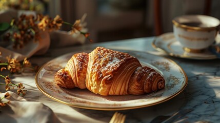 A croissant on a plate with a cup of coffee on a table.