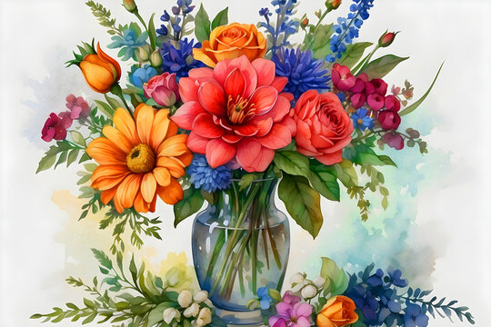 A vibrant watercolor painting of a still-life bouquet of flowers.
