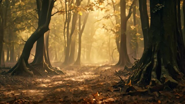 Discover the beauty of nature as you follow a tranquil path through a majestic forest brimming with towering trees, A mystical autumn forest with hazy light leaking through trees, AI Generated