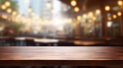 Fotobehang wooden surface, bar counter against the background of a blurred cafe, background for the presentation of goods, beer, coffee, alcoholic drinks © Kate