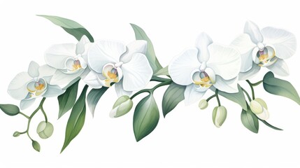 watercolor illustration of a branch of white phalaenopsis orchids on a white background