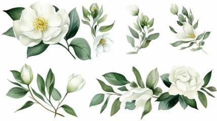 watercolor wedding set with white camellias, leaves, branches and buds - obrazy, fototapety, plakaty