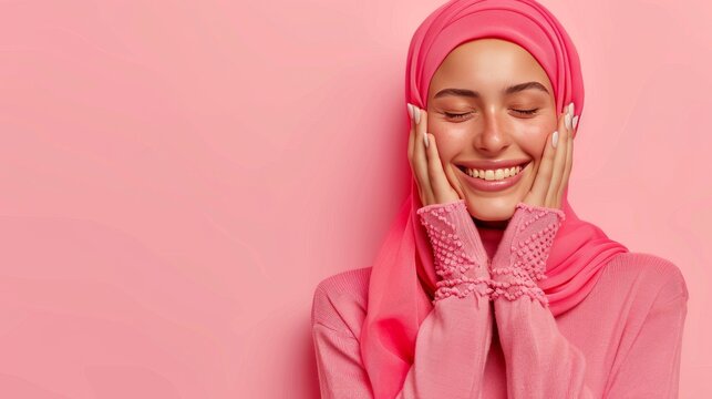 beautiful young Muslim woman in hijab smiles and touches her face with her palms, emotion of joy, cosmetic background